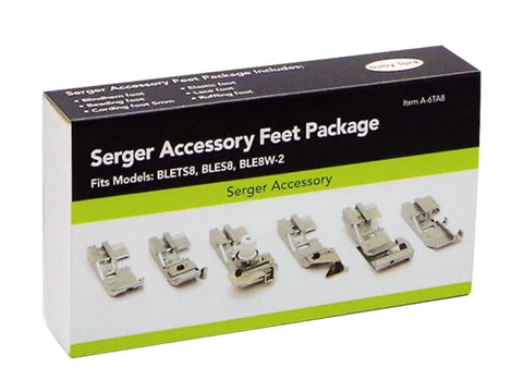 A white and black box with green accents displays a Serger Accessory Feet Package.