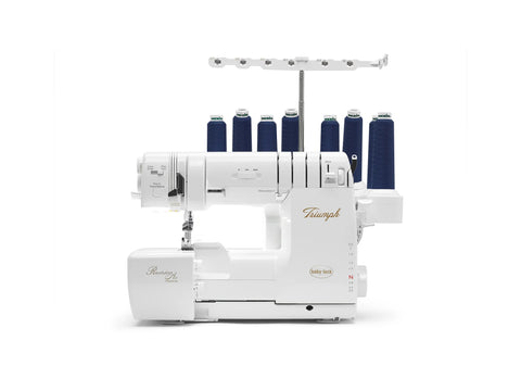 A white Baby Lock Triumph 8-thread serger with RevolutionAir threading and blue thread spools.