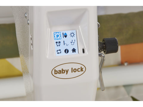 A close-up of the Baby Lock Gallant quilting machine's digital display and logo.