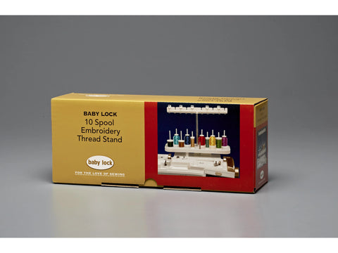 Baby Lock 10 Spool Embroidery Thread Stand in a gold box with a product image.