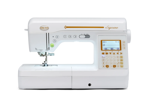 A white Baby Lock Soprano sewing and quilting machine with a digital display.