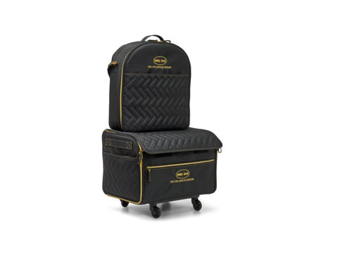 Baby Lock quilted black trolley set with gold accents and logo.