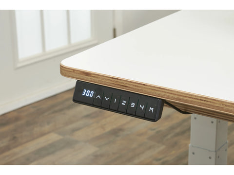 A white height-adjustable lift table with a control panel displaying "30.0" and memory settings.
