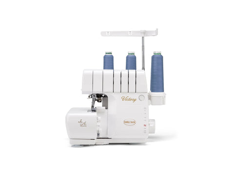 White Baby Lock Victory serger with blue thread spools and Jet-Air Threading.