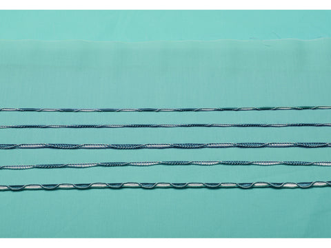 A teal fabric swatch displays five rows of decorative blue and white serged stitches.