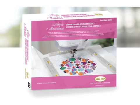 Baby Lock Altair & Meridian Upgrade box showing a sewing machine embroidering colorful fish.