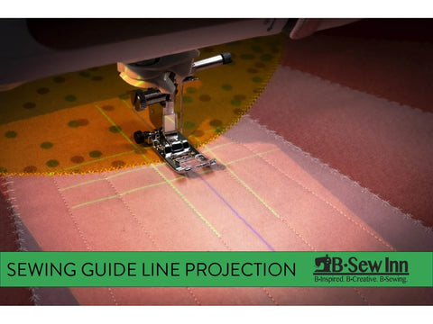 A sewing machine foot guides fabric with projected lines for quilting.