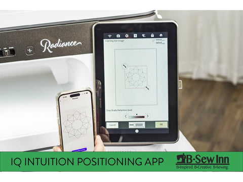 A Baby Lock Radiance sewing machine displays an embroidery pattern on its screen, mirrored on a phone.