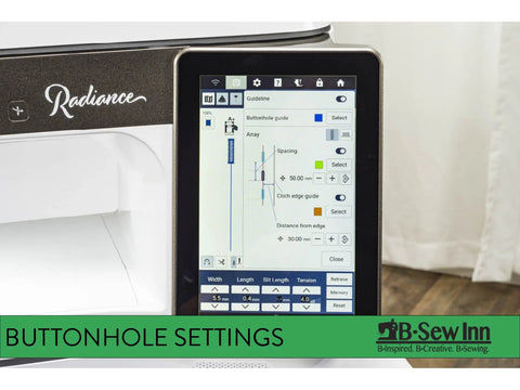 A Baby Lock Radiance sewing machine displays buttonhole settings on its screen.