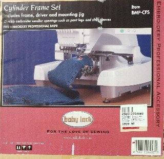 A white Baby Lock Cylinder Frame Set is shown with a pair of blue jeans being embroidered.