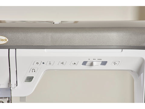 A close-up of the control panel of a white and gray Baby Lock Ballad sewing machine.