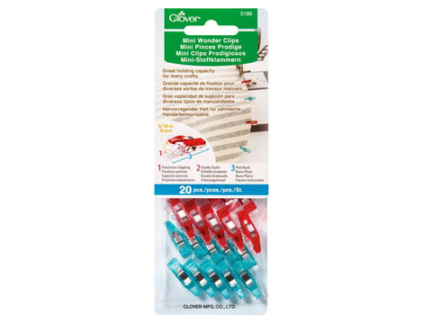 Twenty Clover Mini Wonder Clips, 10 red and 10 blue, are displayed in their packaging.