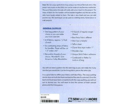 A white page with blue text describes a serger project for a crazy quilted tote bag.