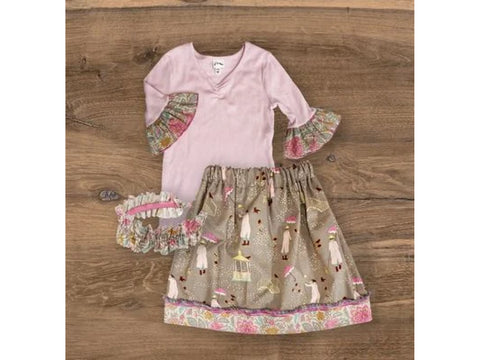 A children's fashion set with a pink top, patterned skirt, and matching accessories.
