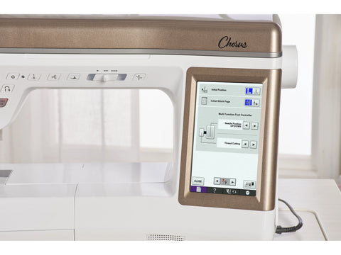 A close-up of the Baby Lock Chorus sewing and quilting machine with its screen displaying settings.
