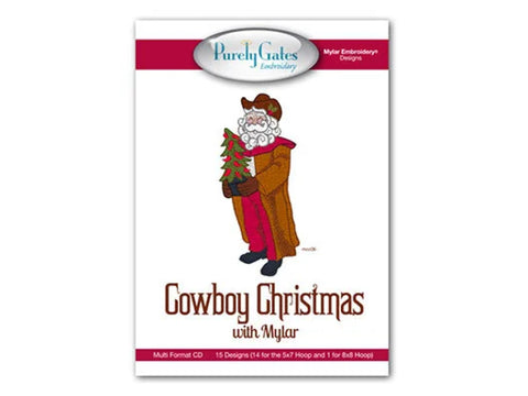 A CD cover for "Purely Gates Cowboy Christmas with Mylar" featuring a cowboy Santa holding a Christmas tree.