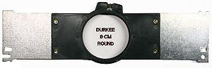 A Durkee 9cm round embroidery hoop with a black frame and silver mounting arms.