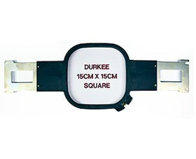 A Durkee 15cm x 15cm square embroidery hoop with metal arms.