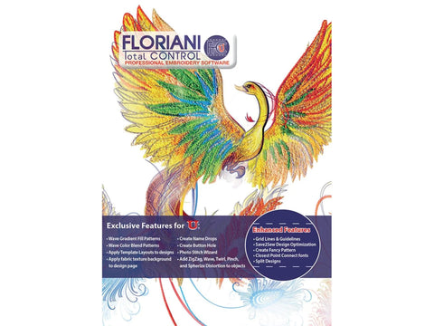 Floriani Total Control-U software box with a colorful phoenix design and feature list.