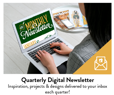 A person views a digital newsletter on a laptop, with a sewing machine icon in the corner.