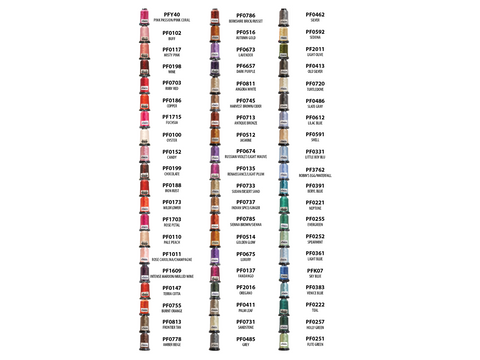 A chart displaying 60 spools of Floriani embroidery thread in various colors.