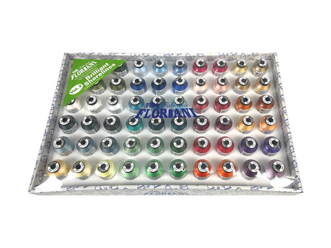 A box containing 60 spools of Floriani Brilliant Shorelines polyester embroidery thread in various colors.