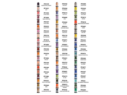 A grid of 60 spools of Floriani embroidery thread in various colors.