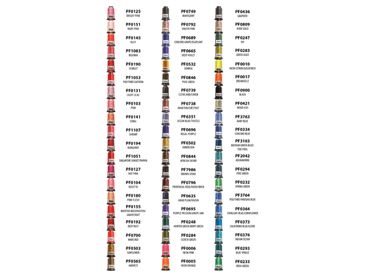 A collection of 60 spools of Floriani polyester embroidery thread in various colors.