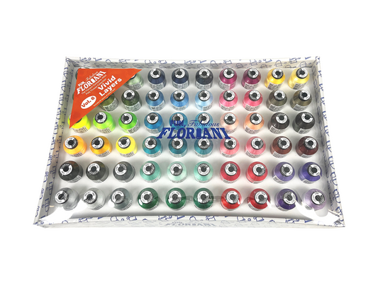 A box containing 60 spools of Floriani polyester embroidery thread in various colors.