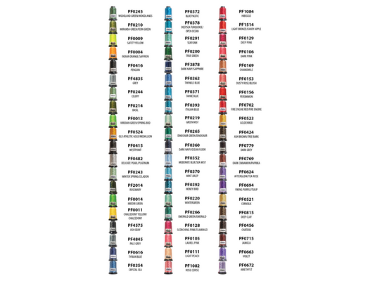 A chart displaying 60 spools of Floriani embroidery thread in various colors, each with a name and number.
