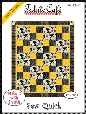 A quilt pattern featuring a checkerboard design with yellow and floral black squares.