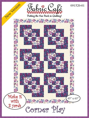 A quilt pattern for "Corner Play" featuring a purple and white floral design.