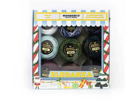 A Wonderfil Eleganza Christmas Frost Landscape thread pack with nine balls of perle cotton.