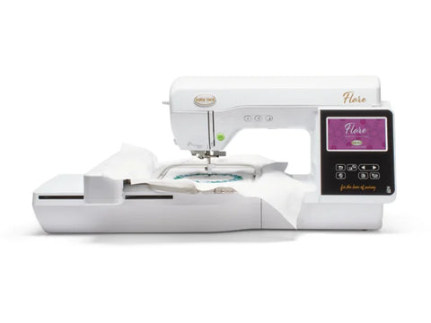 Baby Lock Flare embroidery machine with a design being stitched on fabric.