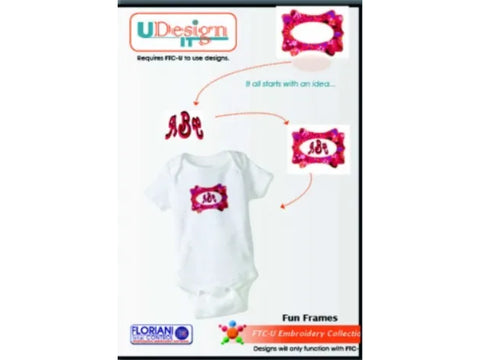 A white baby onesie with a pink and purple embroidered frame containing the letters "ABe".