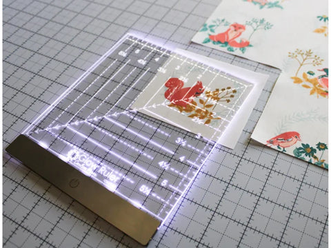 A clear, illuminated 6x6 inch Glow Ruler is positioned over fabric with a squirrel design.