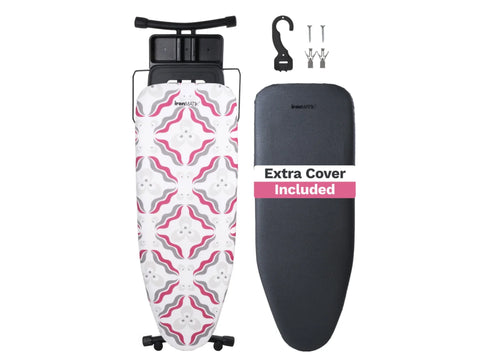 IronMatik Space Maker ironing board with a Chintamani Purple cover and an extra black cover.