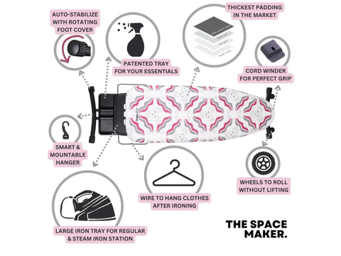 IronMatik Space Maker ironing board with various features highlighted.