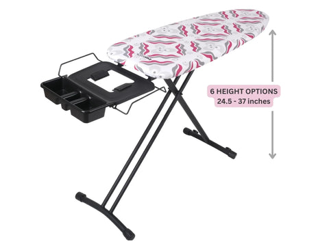 An IronMatik Space Maker ironing board with a purple and gray patterned cover.