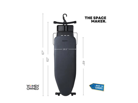 A black IronMatik Space Maker ironing board with dimensions 67", 62", 49", and 16.5".