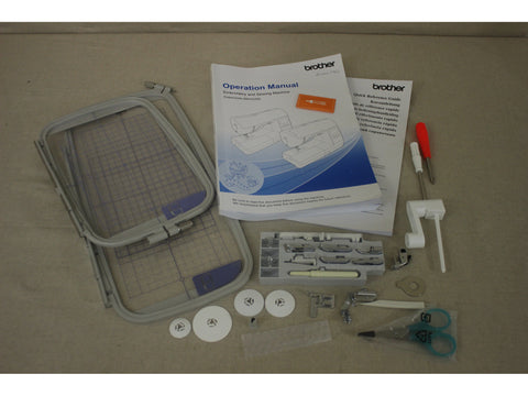 Brother Innovis 2750D sewing and embroidery machine accessories, manuals, and hoops.
