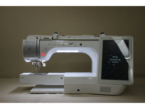 A white Brother Luminaire Innov-is XP1 sewing and embroidery machine with a lit screen.