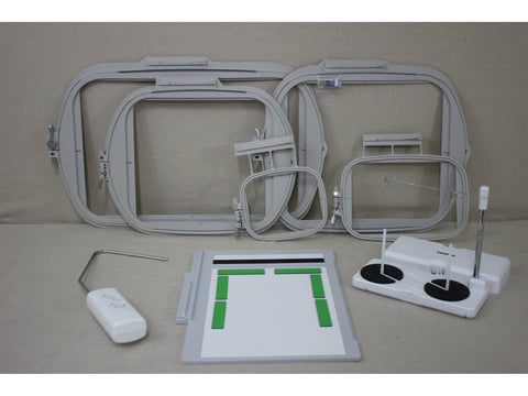 Various gray embroidery hoops and accessories are displayed on a light background.