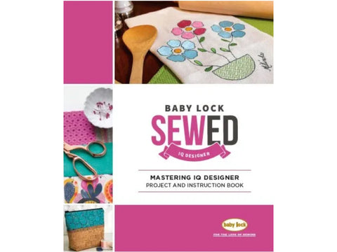A book titled "Baby Lock Sewed IQ Designer" with sewing-related images.