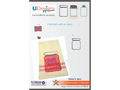 A poster advertising Floriani U-Design It Vena's Jars embroidery collection, showing jar designs and a finished towel.