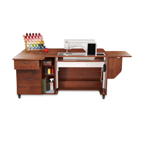 A brown wooden sewing cabinet with a sewing machine, thread rack, and storage compartments.