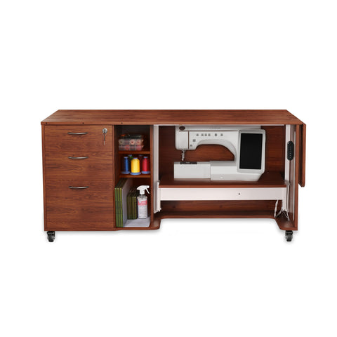A brown wooden sewing cabinet with a sewing machine, thread, and books inside.