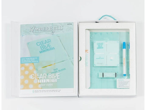 Kimberbell Clear Blue Tiles Essentials Set with user guide, tiles, USB, and pen.