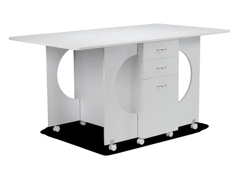 White Koala cutting table with three drawers and wheels.