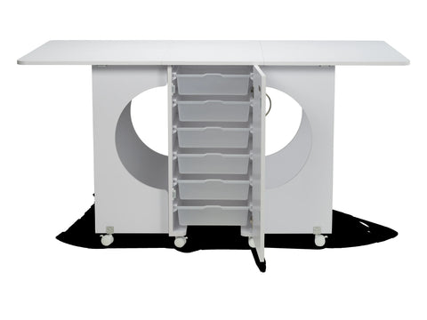 White Koala Cutting Table with an open cabinet revealing seven clear storage bins.
